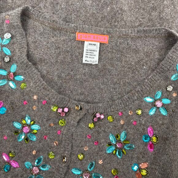 Glam Souls Cashmere Wool Blend Cardigan Rhinestone Brown Size S/M - Picture 9 of 9